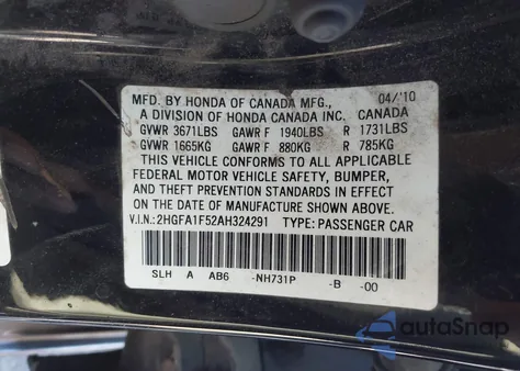 2010 Honda Civic Lx from USA, damaged, VIN 2HGFA1F52AH324291